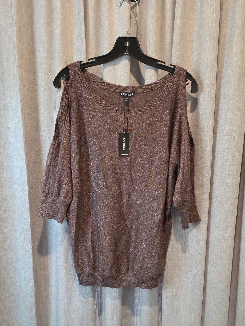 Express Metallic Shimmer Brown Cold-Shoulder Dolman Sleeve Lightweight Sweater